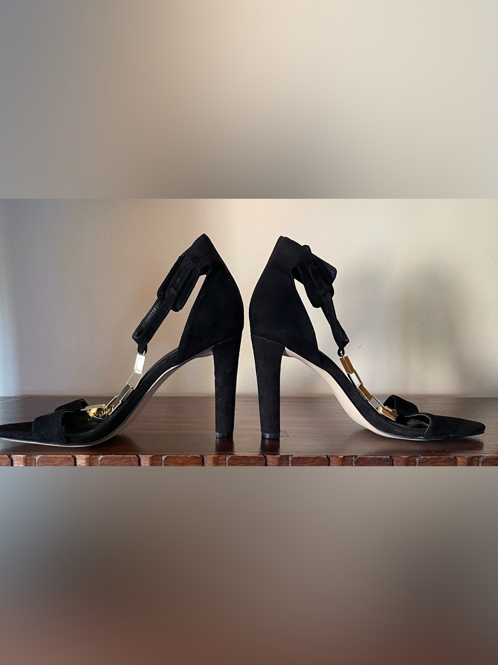 Calvin Klein Black Suede Gold Chain Ankle Strap Heels Size 8